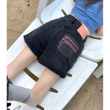 黑色编织卷边牛仔短裤女夏季大码高腰显瘦小个子宽松阔腿a字热裤