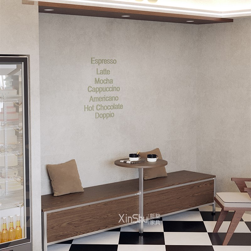 咖啡厅实木长条凳矮凳桌椅组合简约现代铝挤型材料卡座小圆桌可定