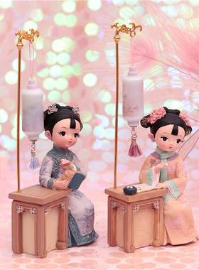 宫廷风琴棋书画灯下下棋格格树脂摆件中国风家居装饰精致礼物包邮