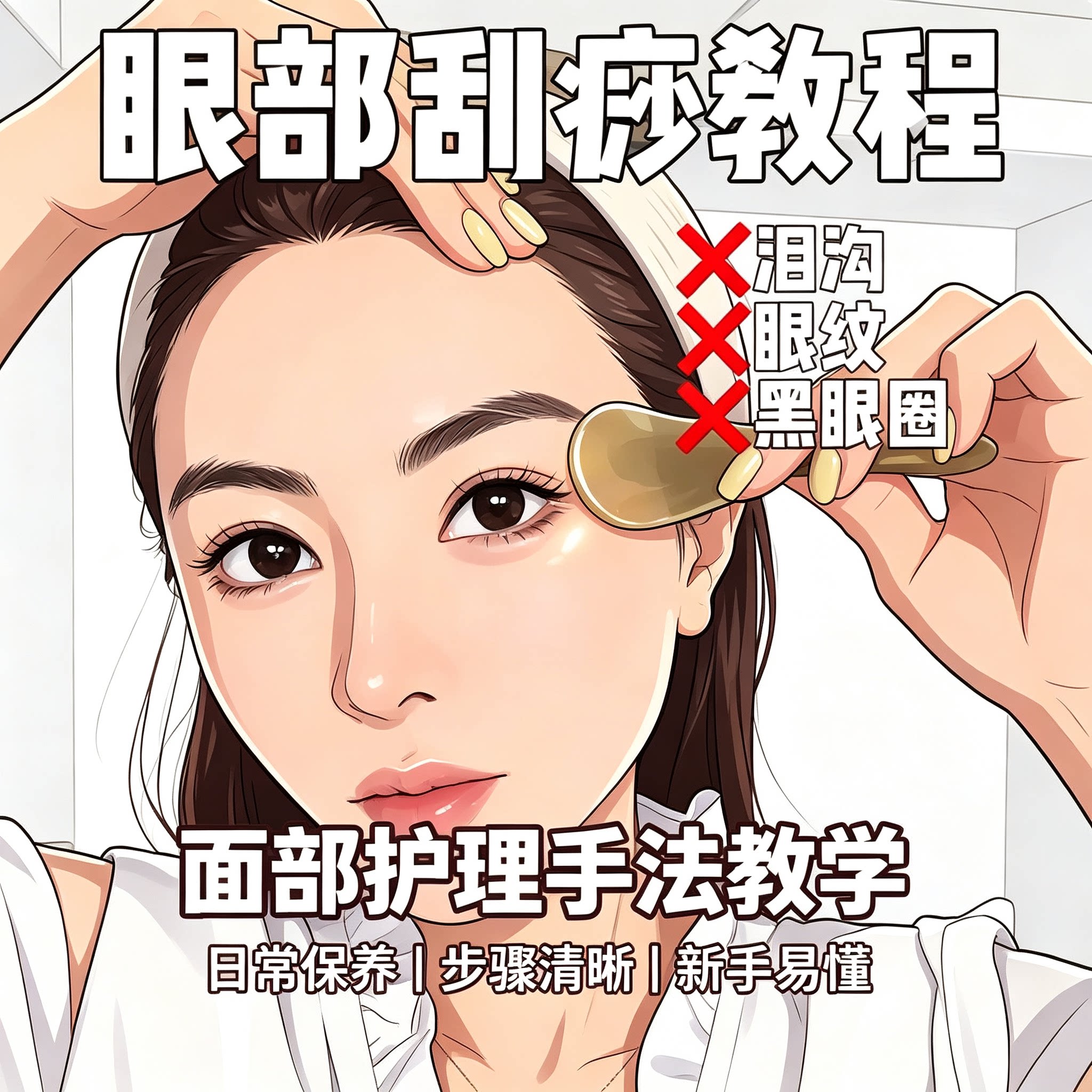 眼部刮痧教程面部护理手法淡化黑眼圈泪沟眼纹新手自学护肤