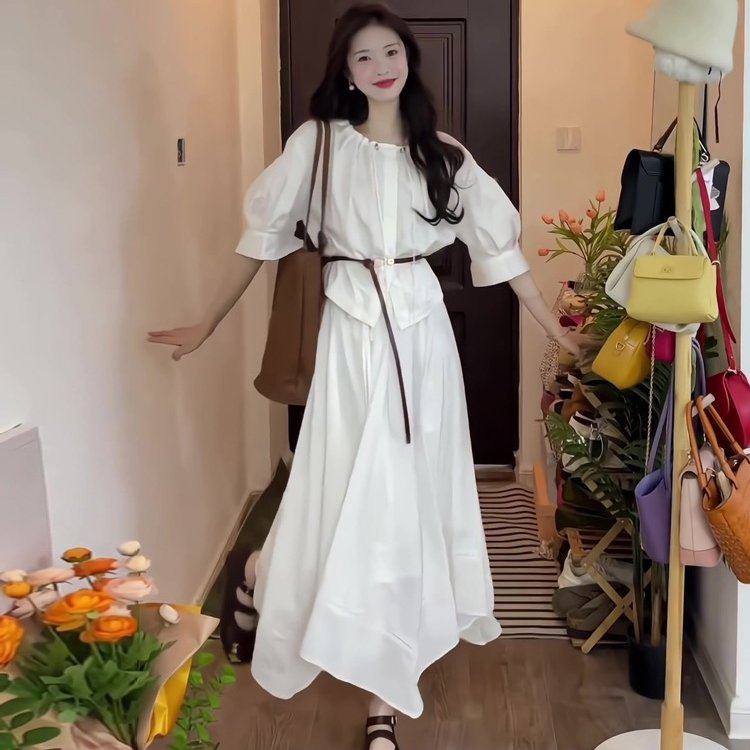 法式设计感抽绳领口衬衫女气质百搭A字中长款半身裙两件套装夏季