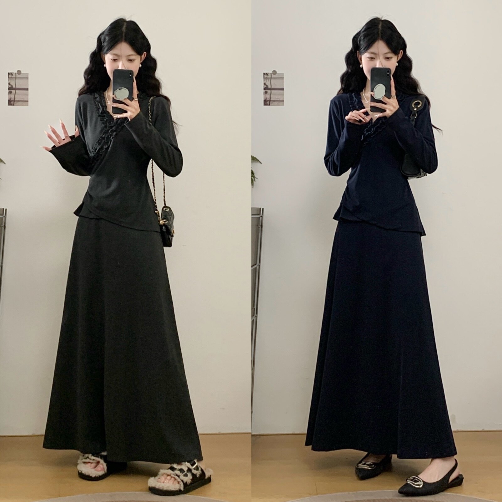 大码2025早秋新款胖mm气质花边V领显瘦上衣女高腰半身裙套装
