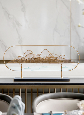 轻奢新中式铁艺假山样板间书房玄关柜摆件酒店办公桌高端软装饰品