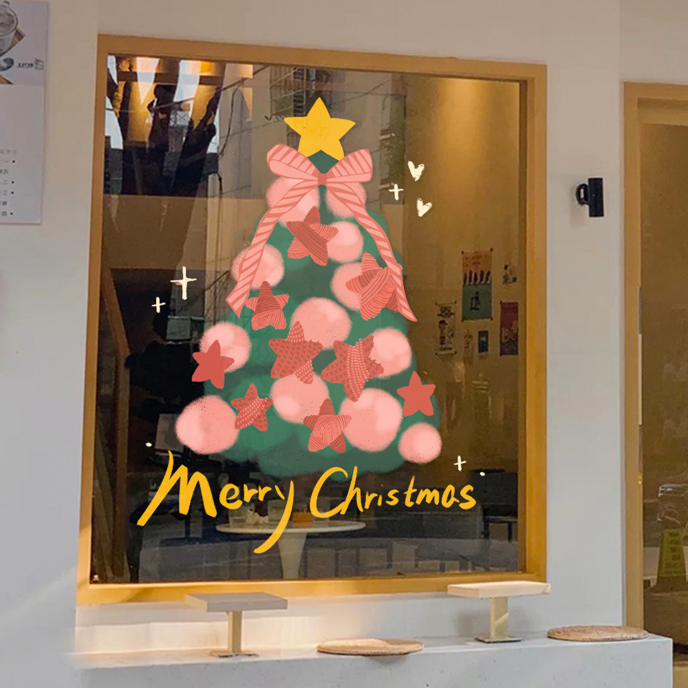 2025新年圣诞节贴纸梦幻圣诞树玻璃贴纸门贴窗花静电无胶窗贴新款