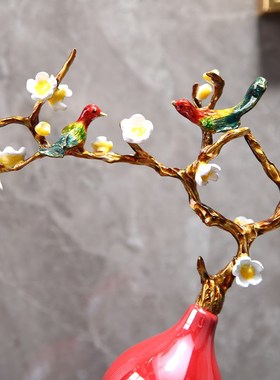 橙色陶瓷葫芦珐琅彩花鸟迎客松高档轻奢客厅装饰摆件玄关装饰品