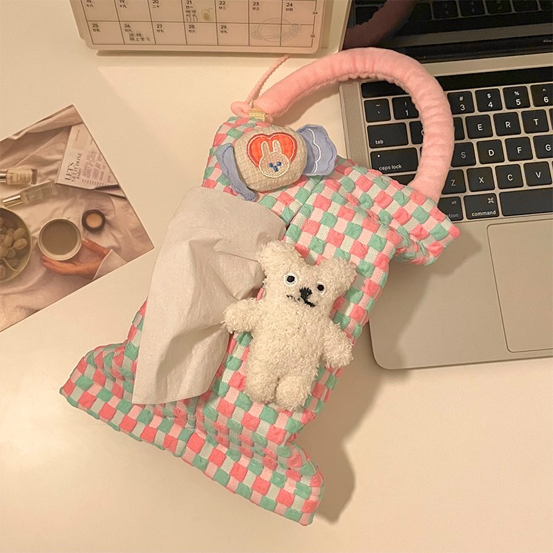 韩系奶油风布艺抽纸盒挂式可w爱车载椅背收纳袋汽车内用餐巾纸巾