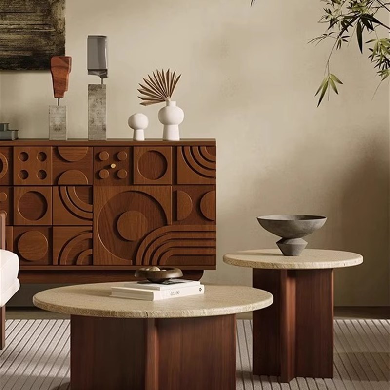 洞石实木茶几小户型m客厅家用圆形茶桌高级感轻奢侘寂风民宿咖啡