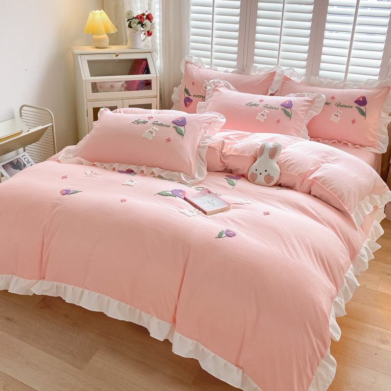 2024公主f风毛巾绣水洗棉床上四件套简约花边被套床单床笠款三件