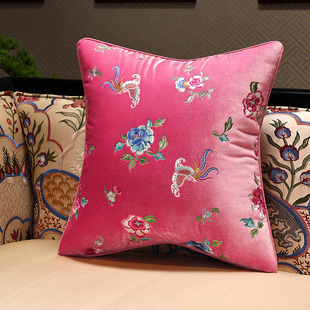 新中式绒布刺绣客厅沙发抱枕中古风靠枕靠垫红木椅子床头靠背垫套