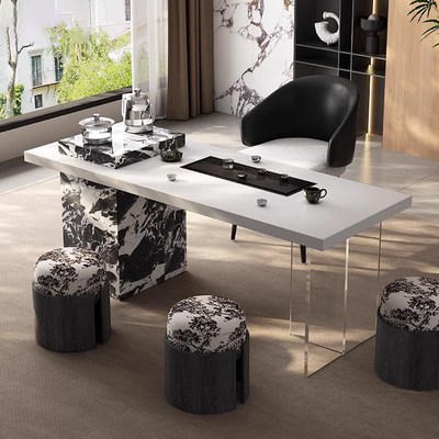 2025新款意式轻奢极简风办公室岩板茶桌家用高级感阳台实木泡茶桌