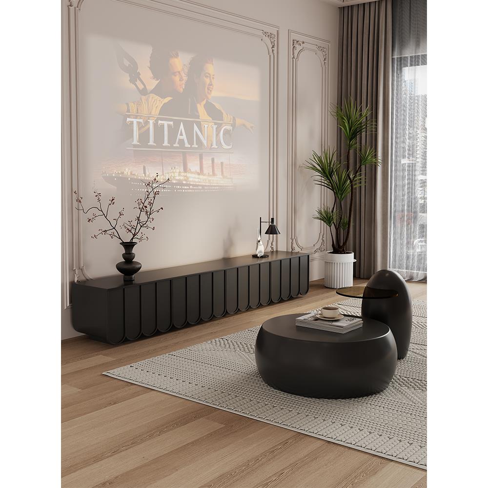 法式覆古电视柜25年新款现代简约客厅轻奢茶几组合实木黑色落地柜