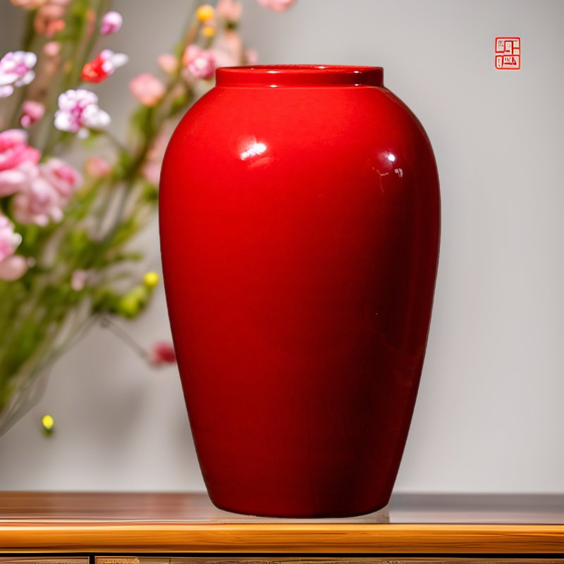 景德镇新中式台面陶瓷花瓶石榴浆果中国红喜庆家居装饰品花瓶摆件