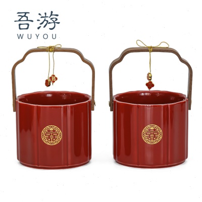 吾游子孙桶婚庆用品女方陪嫁红色陶瓷喜桶喜事摆件订婚备婚小红桶