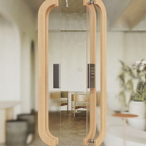 极简大门实木拉手黑色定制大拉把酒店商铺无框玻璃门把手原木刻字