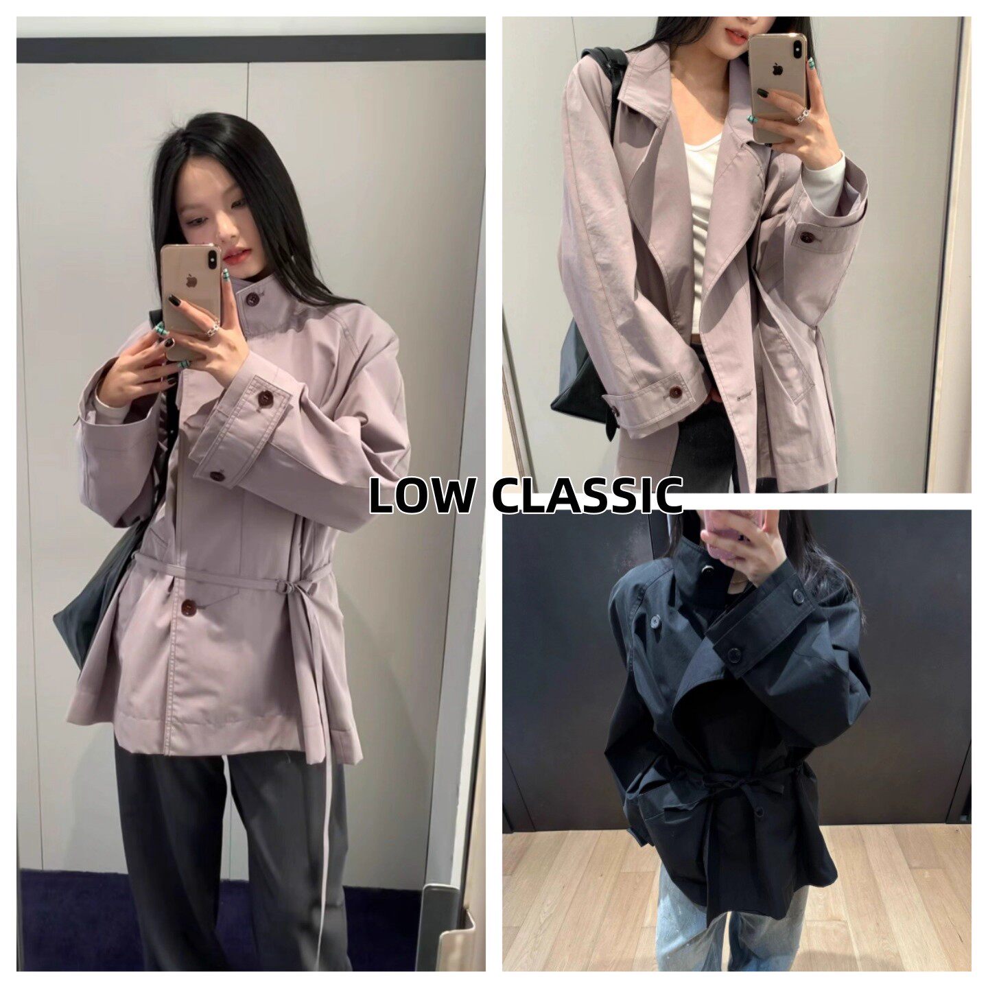 现货LOW CLASSIC 25新款紫色高级立领风衣短款收腰系带休闲外套女