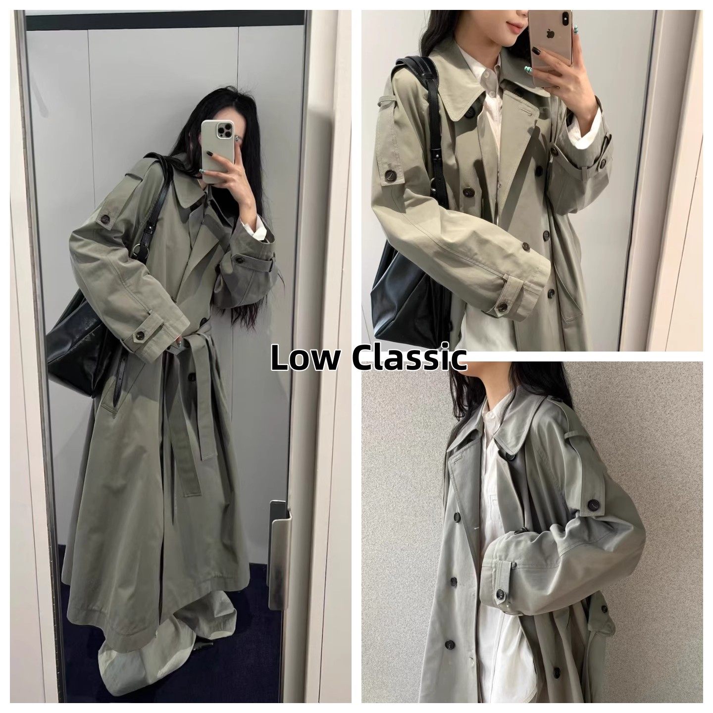 现货LOW CLASSIC 秋冬中长款双排扣迷你腰包风衣外套英伦风大衣女
