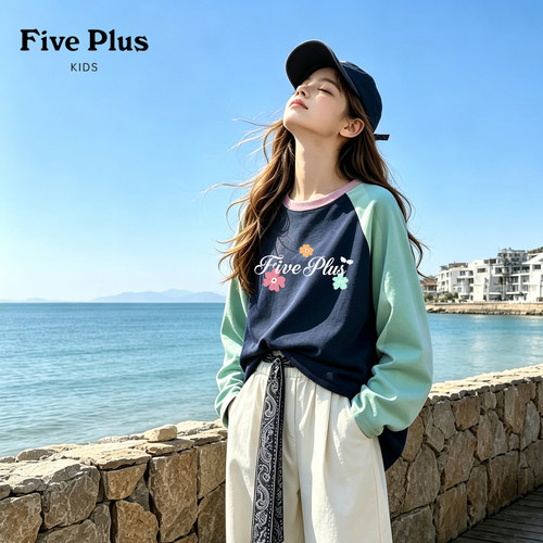 Five Plus女童长袖t恤秋季2026新款儿童纯棉圆领上衣青少年打底衫