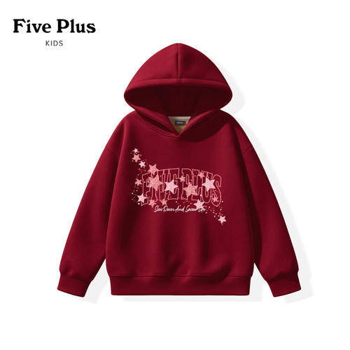 Five Plus女童连帽卫衣2026新款儿童加绒衣服女孩一体绒红色冬装