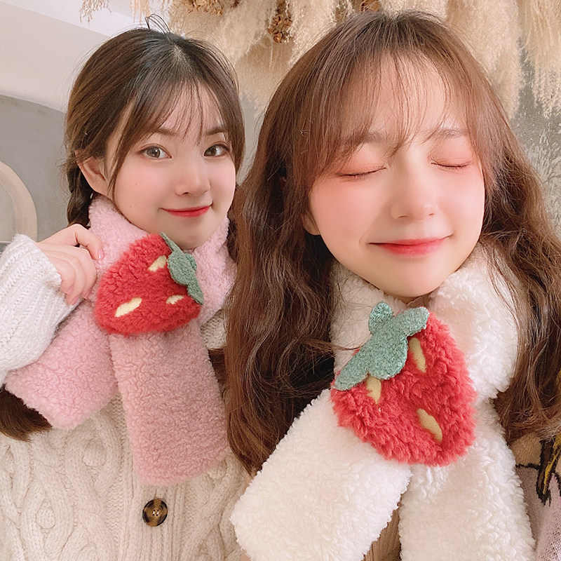 韩版冬天ins毛绒围巾可爱保暖加厚毛茸茸少女心百搭草莓交叉围脖