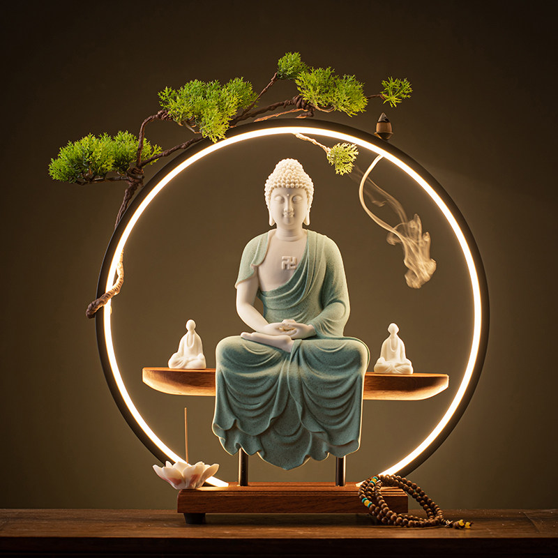 陶瓷释迦摩尼佛像大日如来佛摆件释迦牟尼家居客厅玄关灯圈装饰品