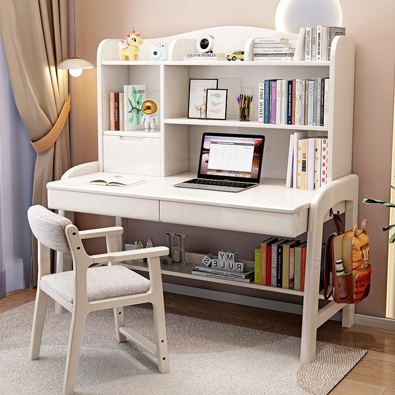 实木书桌中小学生家用书架一体桌卧室儿童可升降学习桌台式电脑桌