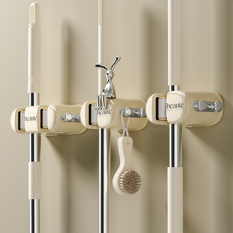 奶油风壁挂拖把夹架免打孔拖把挂钩浴室卫生间卡扣强力壁挂家用