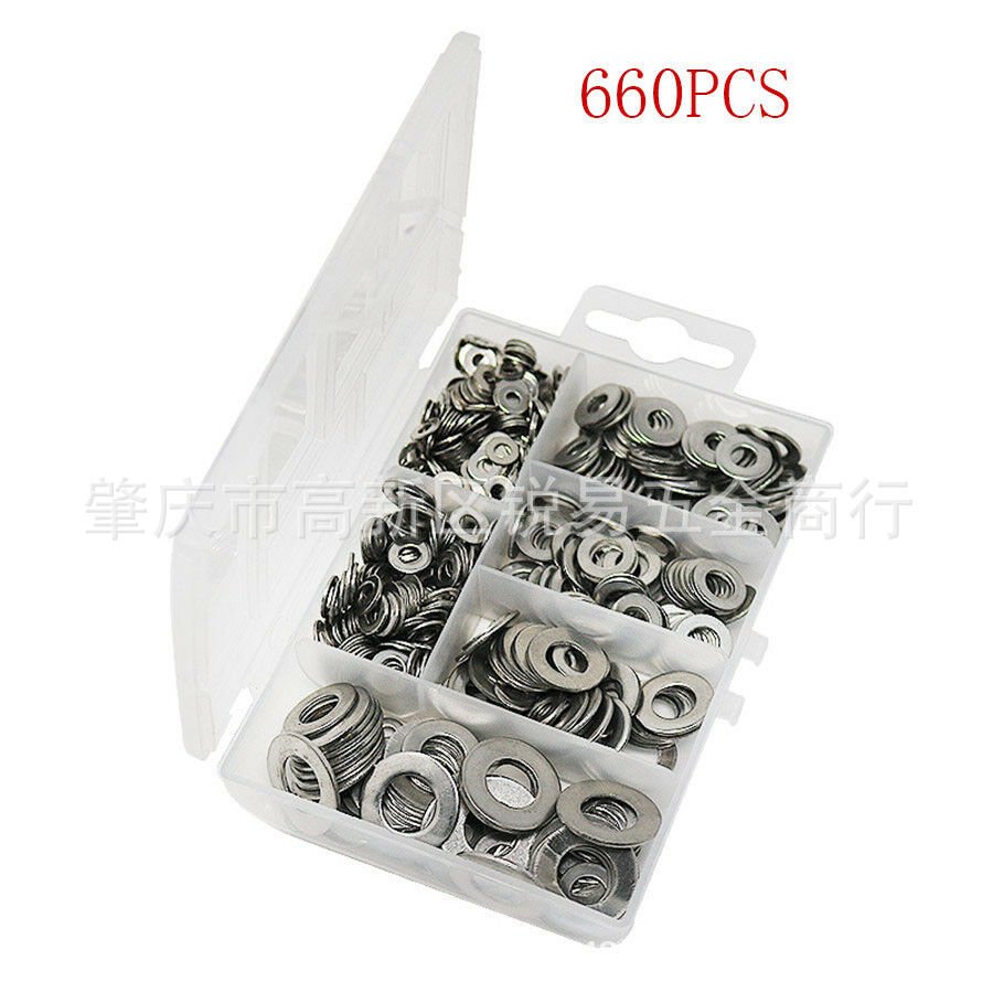 660pcs盒装 304不锈钢平垫圈平垫片套件螺栓紧固件M3M4M5M6M8M10