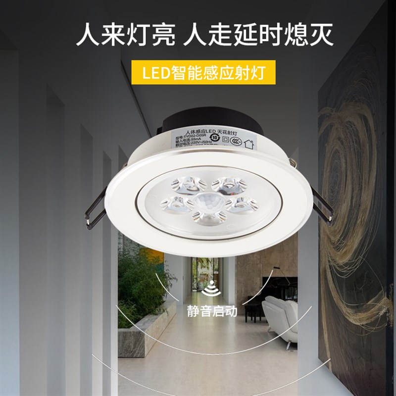 嵌入式LED1W-6W人体红外线感应入户灯酒店过道玄关光控筒灯射灯
