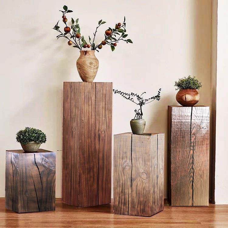 侘寂风实木碳化花架做旧底座沙发边几玄关展示柱覆古民宿设计师