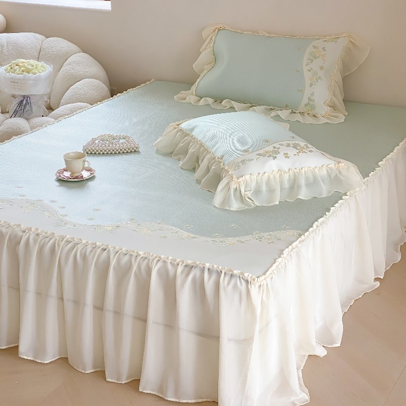 韩式仙女公主风刺绣床裙款凉感冰丝席三件套夏季蕾丝花边凉席席子