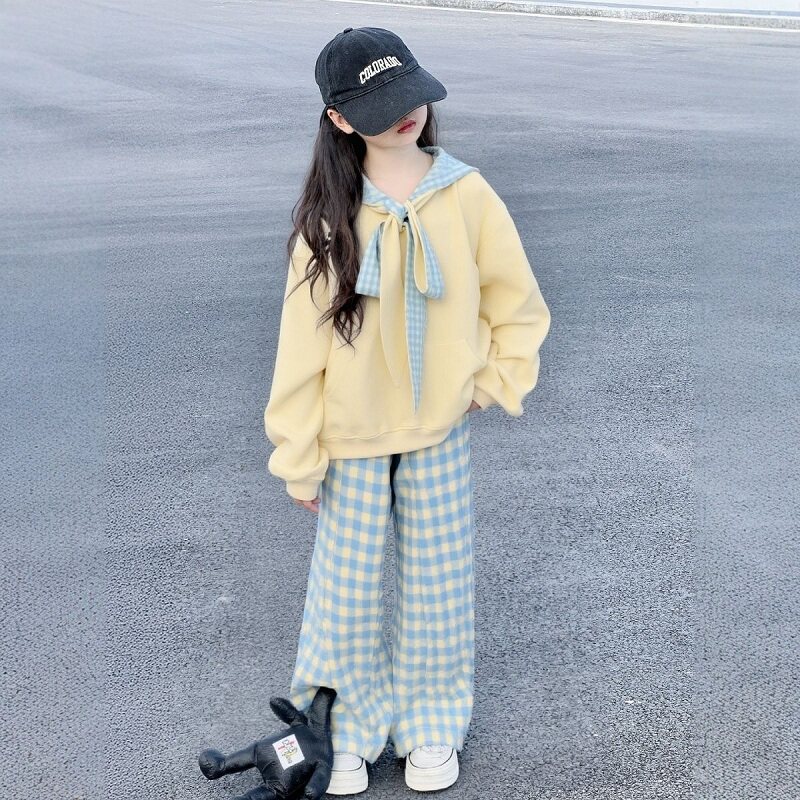 女童酷飒拽姐套装儿童春季套装2026新款韩系卫衣格子裤大童春装潮