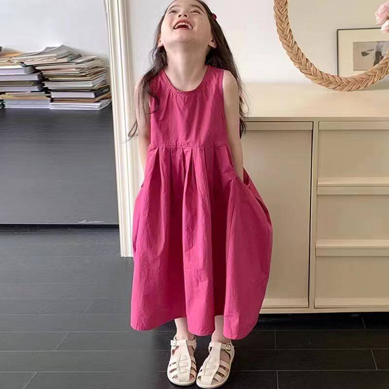 高级感女童连衣裙火龙果色2026夏款大口袋裙子儿童长裙公主裙大童
