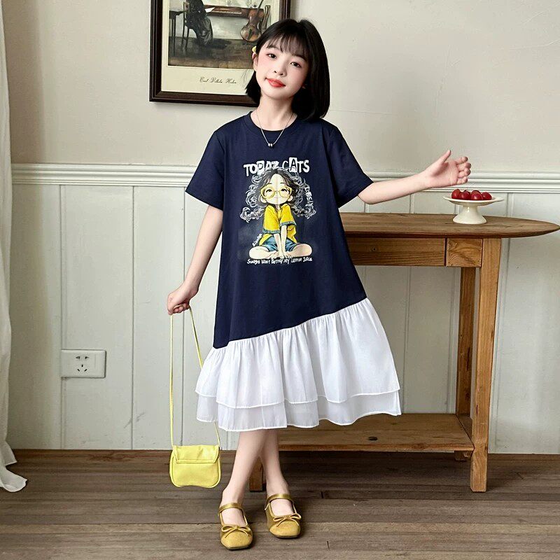 女童夏装连衣裙2026新款洋气女孩夏季裙子儿童网纱拼接短袖T恤裙
