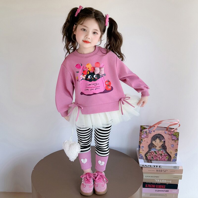 女童套装春装2026新款韩系儿童卡通卫衣条纹打底裤女孩休闲两件套