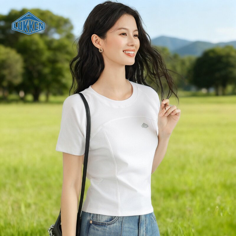 LUKKEN极简白色短袖T恤女修身打底衫蝴蝶结装饰上衣
