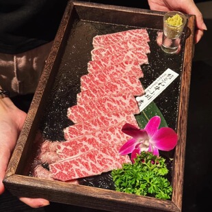 餐厅创意日式海棠花玻璃木质长方形火锅烤肉托盘花纹装饰玻璃餐具