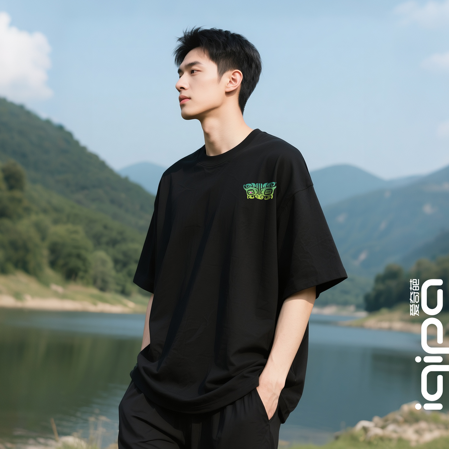 爱奇葩 原创t恤国潮瑞兽饕餮短袖男女同款黑色纯棉圆领初秋打底衫