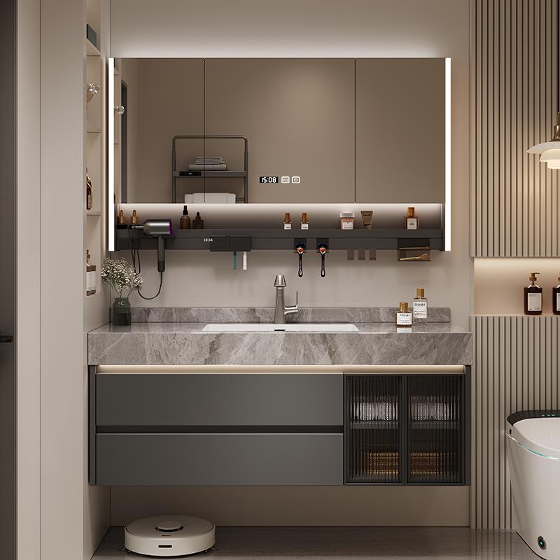 轻奢风岩板无缝陶瓷一体盆浴室柜组合卫生间洗手洗脸盆柜洗漱台池