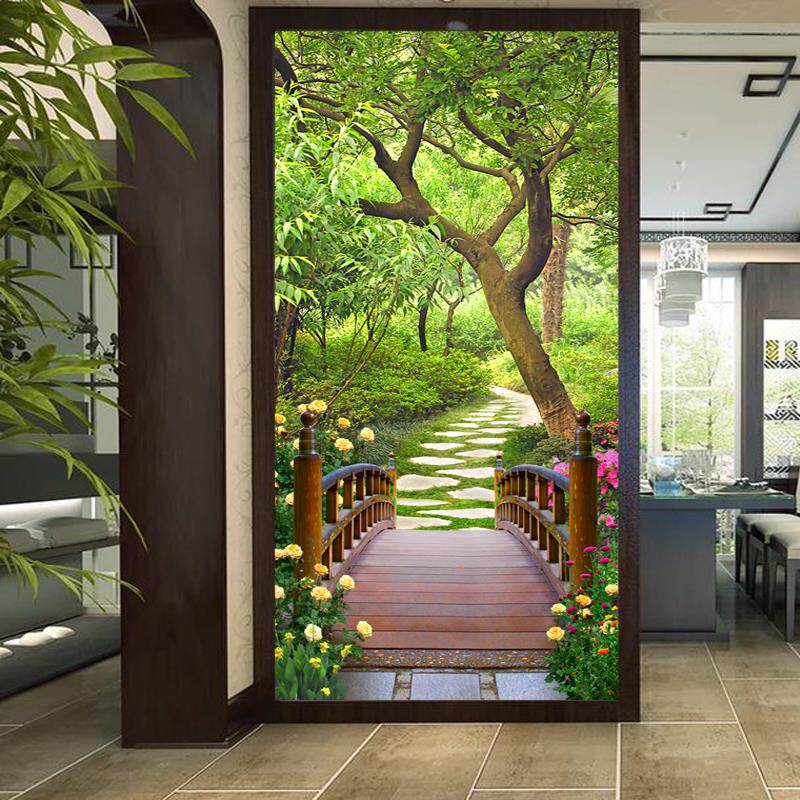 墙画绿植壁画3d玄关墙纸进门过道壁纸小树林风景走廊墙布竖版壁布