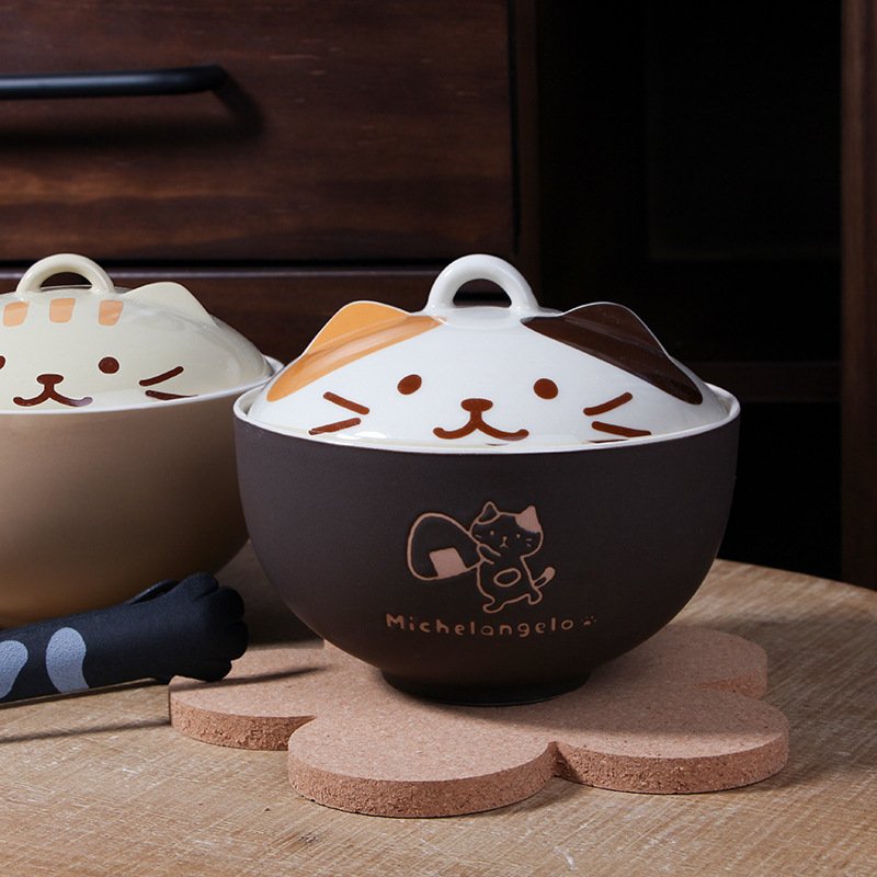 日式可爱陶瓷猫咪盖碗家用大号汤碗泡面碗可微波炉煮饭焗饭碗