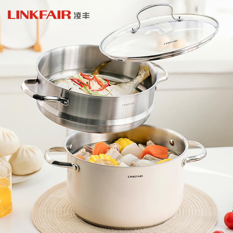凌丰蒸锅家用304不锈钢电磁炉煤气灶通用蒸笼蒸鱼馒头两层加厚