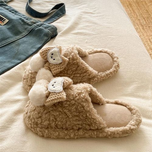 可爱卡通结白熊毛毛拖鞋女秋冬季百搭轻盈柔软保暖棉拖鞋室内防滑