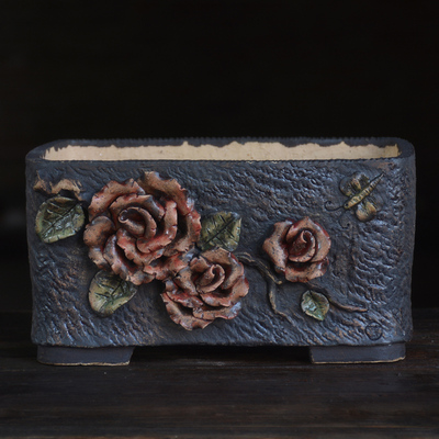 青藤花器复古粗陶多肉植物群生乌木白菊大口径手捏长方盆韩式透气