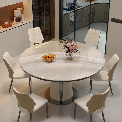 岩板餐桌可伸缩意式极简奢石高端超晶石饭桌小户型家用彩晶石餐桌