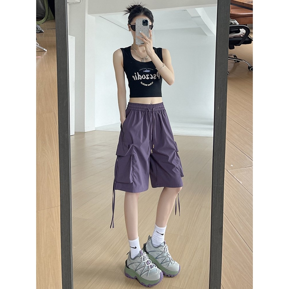 紫色工装短裤女夏季薄款高腰休闲阔腿设计感速干运动美式五分裤子