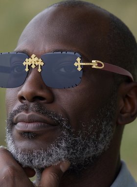 2025新款欧美复古无框墨镜男钻石切边仿木纹镜腿太阳镜男跨境