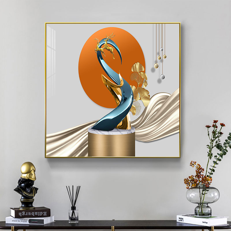 轻奢客厅装饰画单幅现代简约饭厅挂画方形进门玄关墙面壁画招财鹿图片