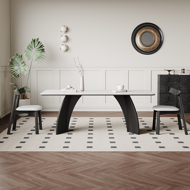 白色岩板餐桌法式复古现代简约家用大小户型长方形白蜡木实木餐桌