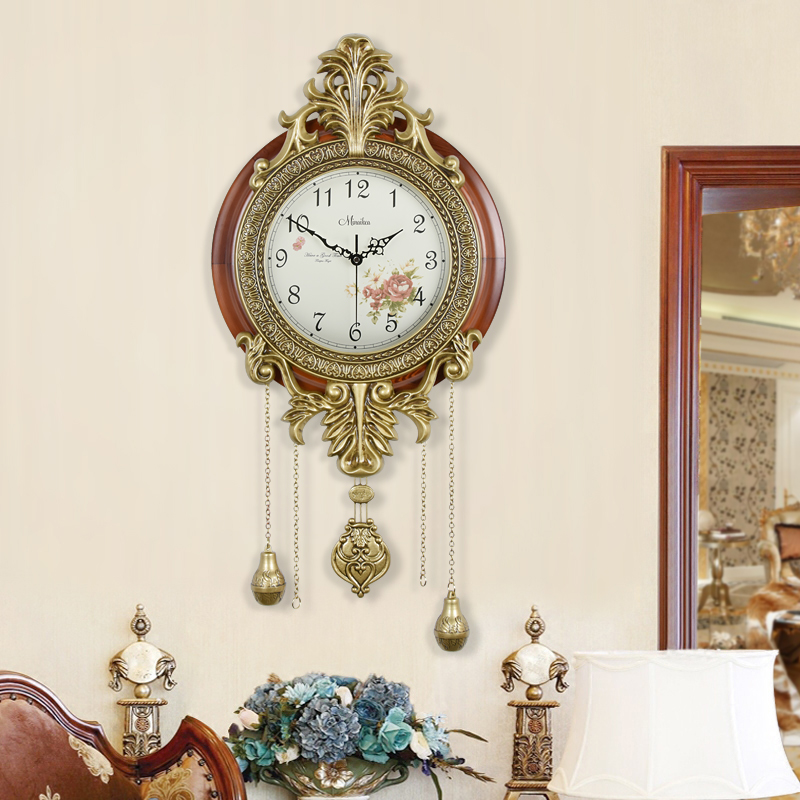 欧式仿古黄铜挂钟大号客厅配饰静音创意壁挂石英钟表田园时尚时钟