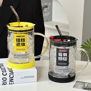 玻璃杯女高颜值耐高温办公室带盖带把手男大容量吸Q管水杯2024新